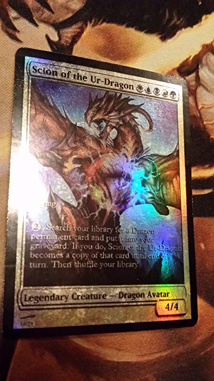 My favorite Magic card. Sion of the Ur-Dragon, 4/4 with flying and Pay 2, search your library for any dragon permenant, put that card into your graveyard and Sion of the Ur-dragon becomes a copy of that card untill end of turn.